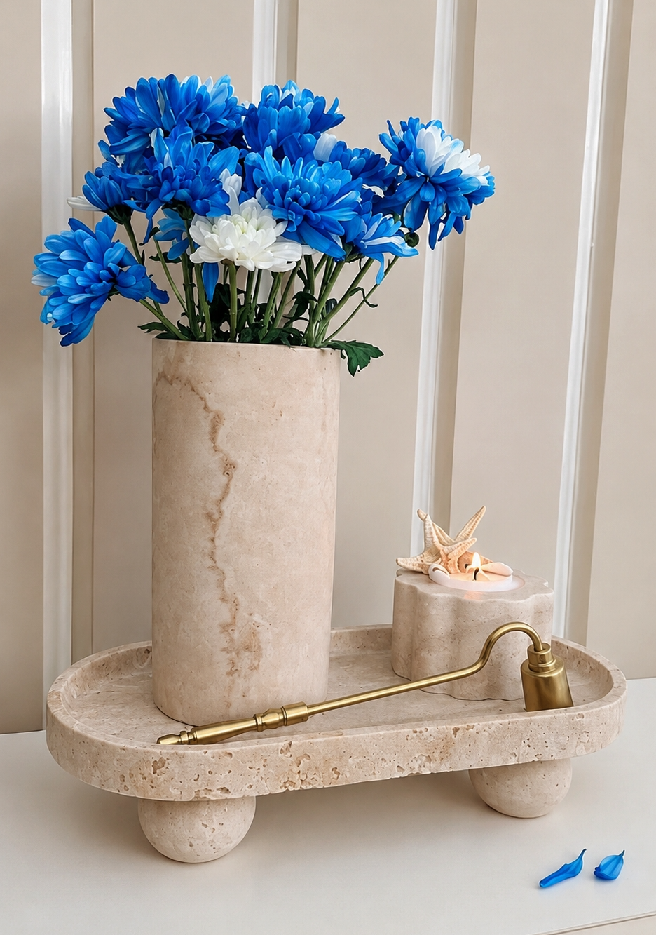 سینی بیضی پایه دار سنگ طبیعی تراورتن